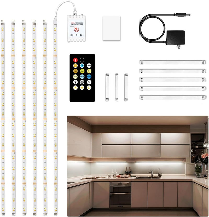 DAYBETTER Under Cabinet Lighting kit, 6 PCS LED Strip Lights with Remote, Dimmer and Adapter, Dimmable for Kitchen Cabinet,Counter,TV Back,Showcase 2700K-6500K Warm to Daylight White, Timing, 20ft - Image 1